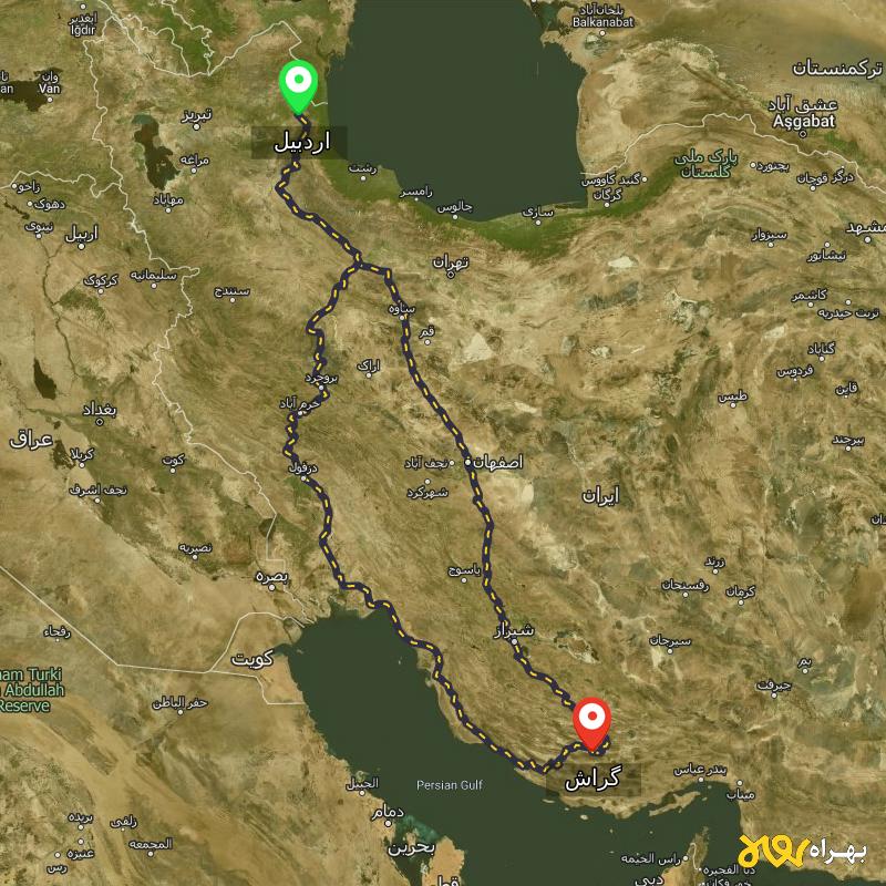 مسافت و فاصله گراش - فارس تا اردبیل از ۲ مسیر - مهر ۱۴۰۳
