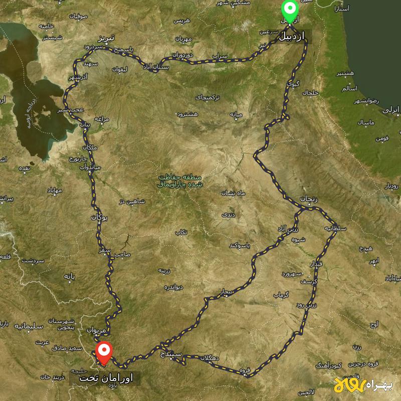 مسافت و فاصله اورامان تخت - کردستان تا اردبیل از ۳ مسیر - مرداد ۱۴۰۳