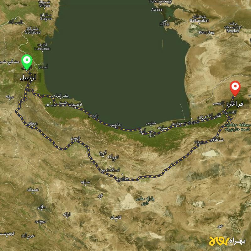 مسافت و فاصله فراغی - گلستان تا اردبیل از ۲ مسیر - شهریور ۱۴۰۳