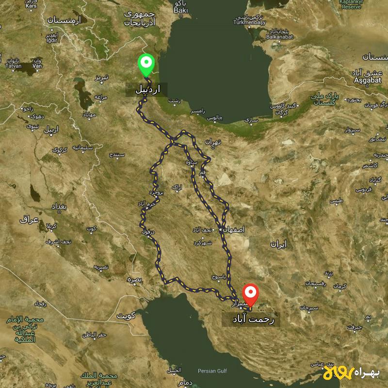 مسافت و فاصله رحمت آباد - فارس تا اردبیل از ۳ مسیر - شهریور ۱۴۰۳
