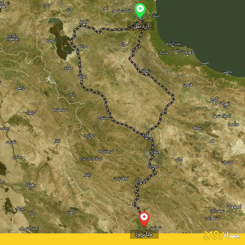 مسافت و فاصله میانرود - خوزستان تا اردبیل از ۲ مسیر - شهریور ۱۴۰۳