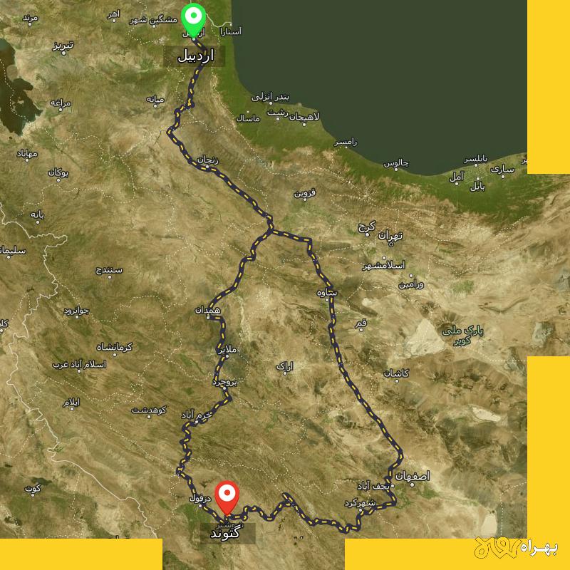 مسافت و فاصله گتوند - خوزستان تا اردبیل از ۲ مسیر - شهریور ۱۴۰۳