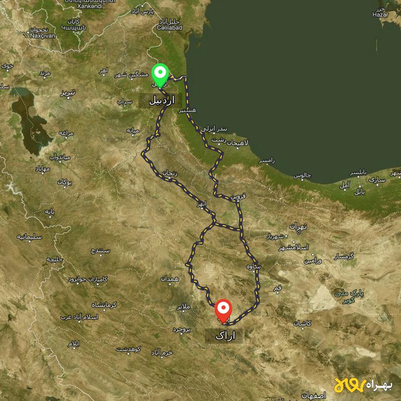 مسافت و فاصله اراک تا اردبیل از ۳ مسیر - مرداد ۱۴۰۳