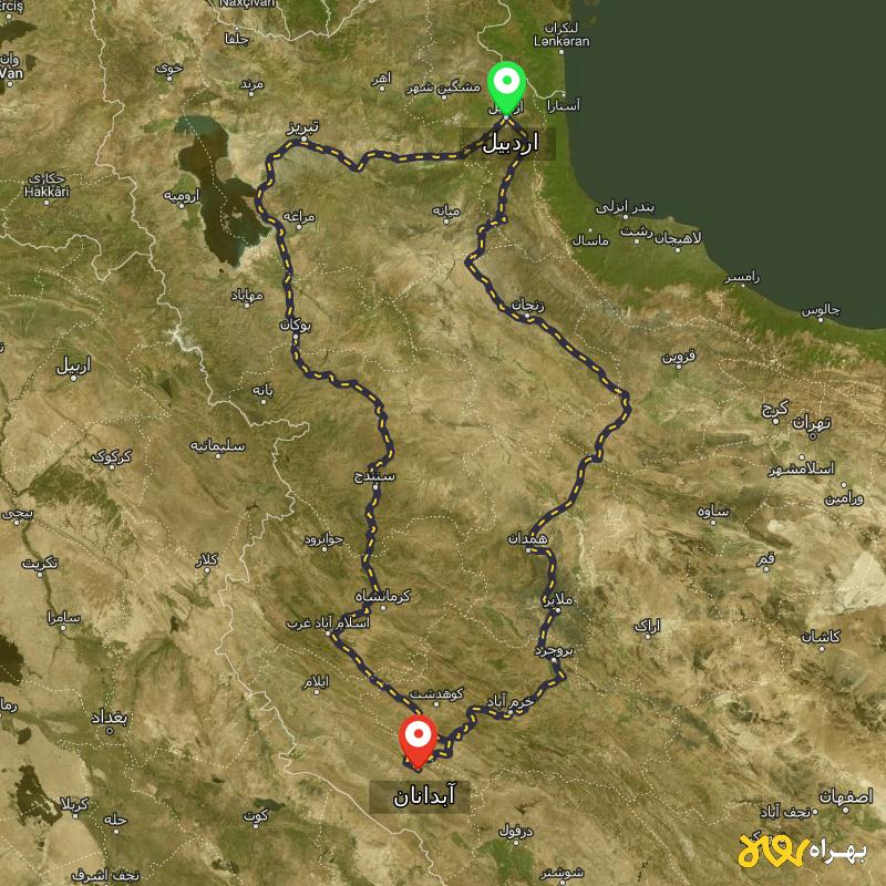 مسافت و فاصله آبدانان - ایلام تا اردبیل از ۲ مسیر - دی ۱۴۰۳