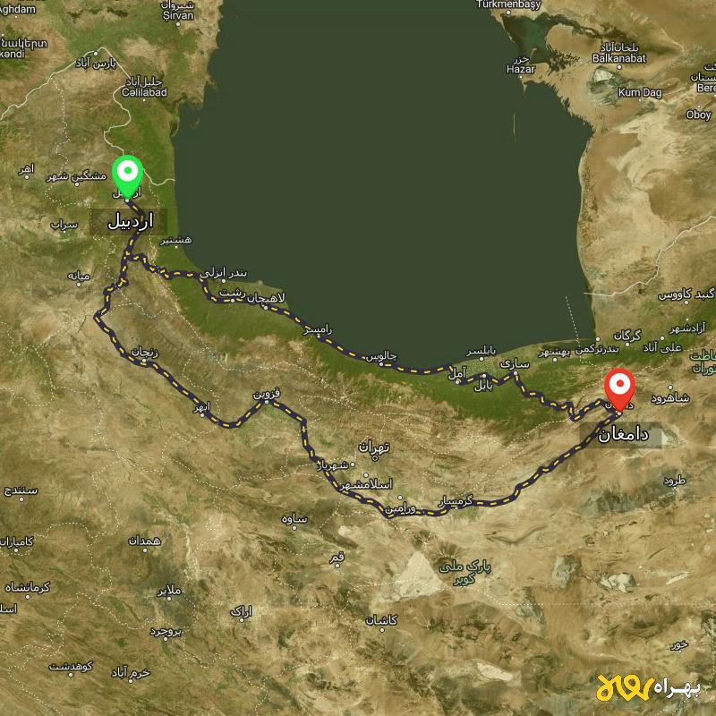 مسافت و فاصله دامغان - سمنان تا اردبیل از ۲ مسیر - اردیبهشت ۱۴۰۳