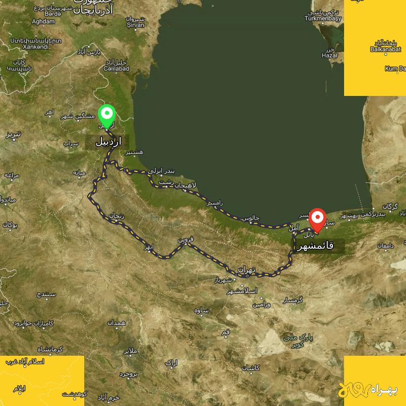 مسافت و فاصله قائمشهر تا اردبیل از ۲ مسیر - دی ۱۴۰۳