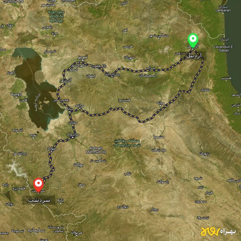 مسافت و فاصله سردشت - آذربایجان غربی تا اردبیل از 2 مسیر - مسیریاب بهراه