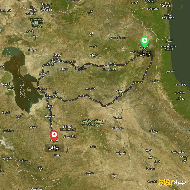 مسافت و فاصله بوکان - آذربایجان غربی تا اردبیل از 2 مسیر - مسیریاب بهراه