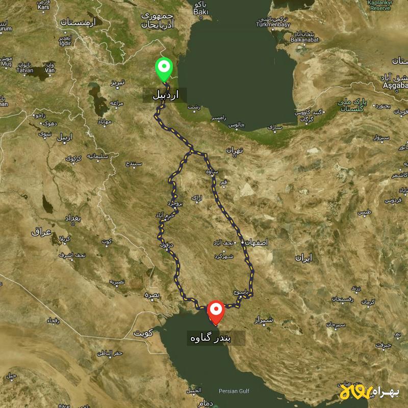 مسافت و فاصله بندر گناوه - بوشهر تا اردبیل از 2 مسیر - مسیریاب بهراه