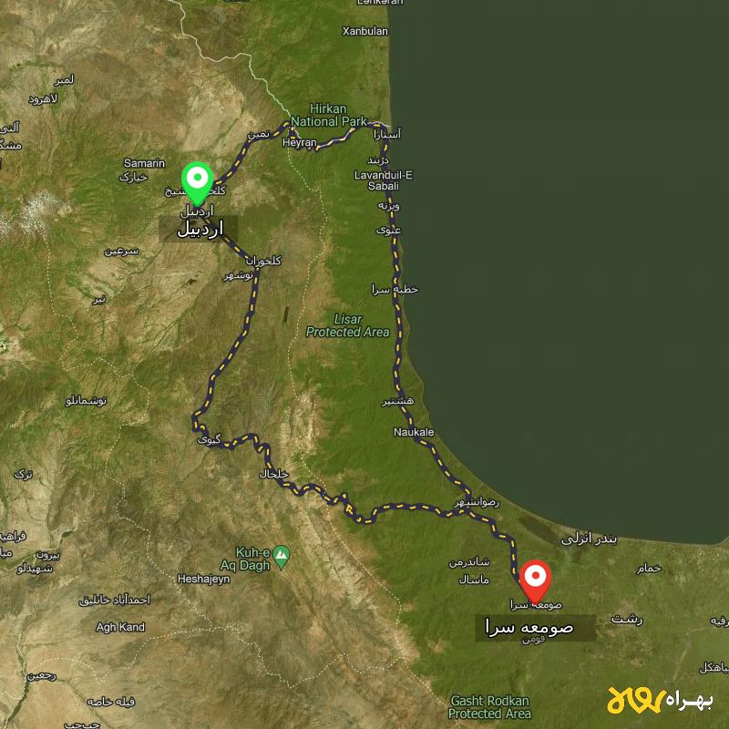 مسافت و فاصله صومعه سرا - گیلان تا اردبیل از ۲ مسیر - اردیبهشت ۱۴۰۳