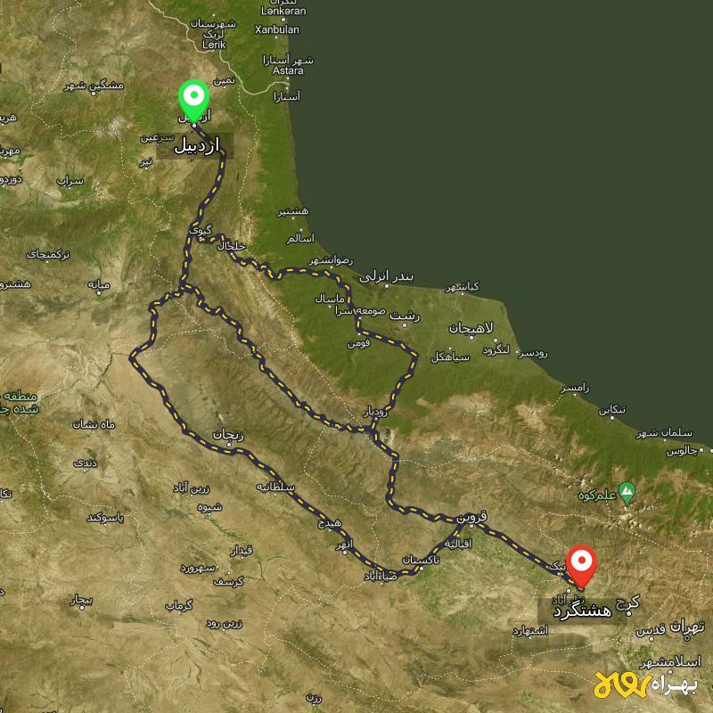 مسافت و فاصله هشتگرد تا اردبیل از ۳ مسیر - مرداد ۱۴۰۳