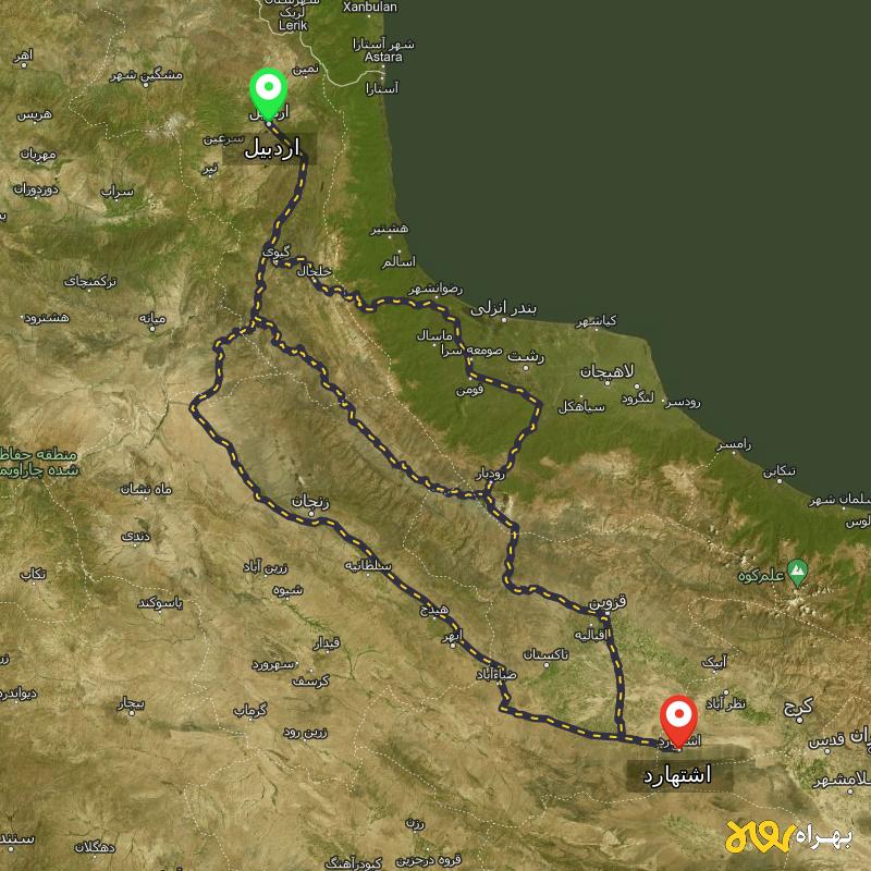 مسافت و فاصله اشتهارد - البرز تا اردبیل از ۳ مسیر - مهر ۱۴۰۳