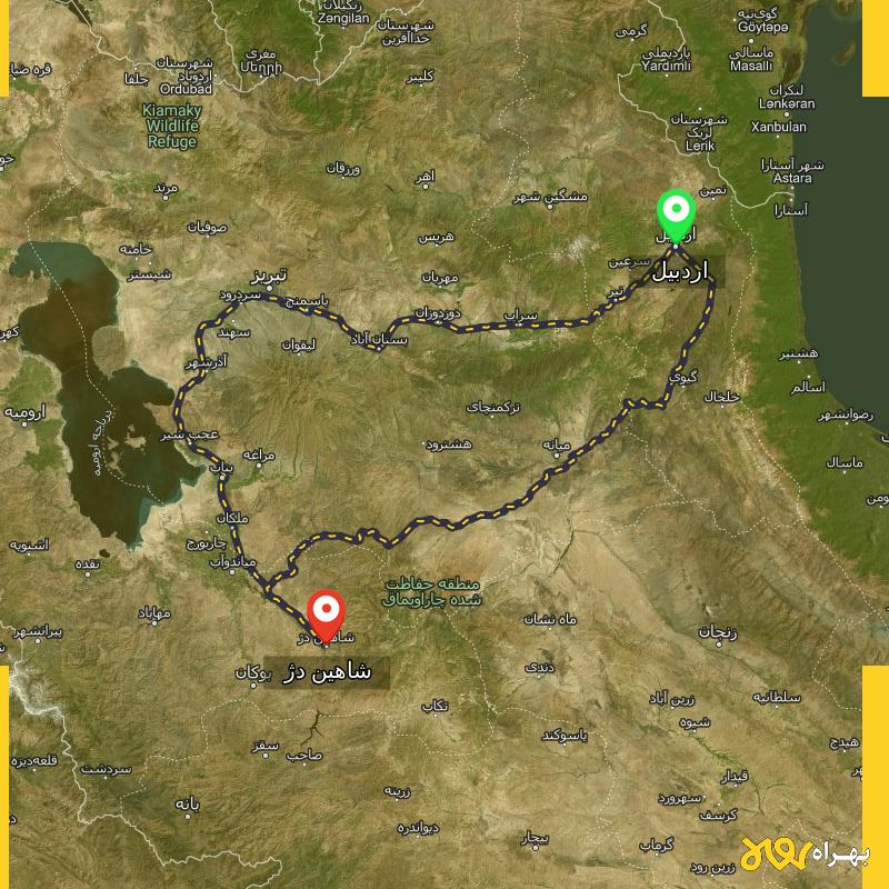 مسافت و فاصله شاهین دژ - آذربایجان غربی تا اردبیل از ۲ مسیر - دی ۱۴۰۳