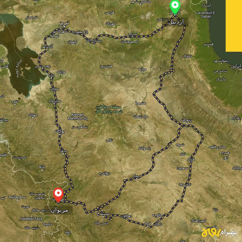 مسافت و فاصله مریوان - کردستان تا اردبیل از 3 مسیر - مسیریاب بهراه