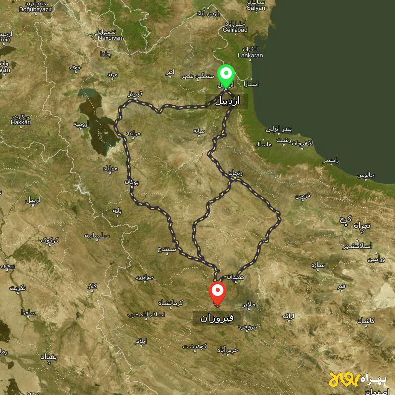 مسافت و فاصله فیروزان - همدان تا اردبیل از ۳ مسیر - مرداد ۱۴۰۳