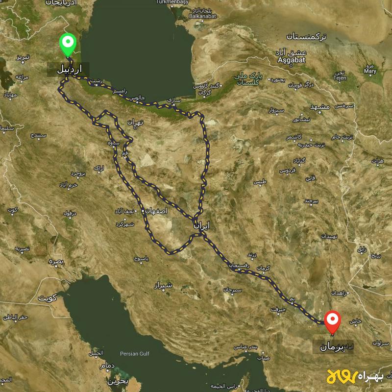 مسافت و فاصله بزمان - سیستان و بلوچستان تا اردبیل از ۳ مسیر - مرداد ۱۴۰۳
