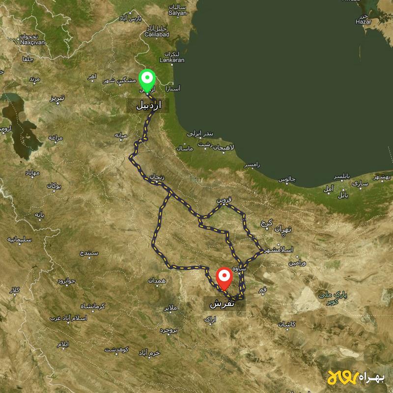 مسافت و فاصله تفرش - مرکزی تا اردبیل از ۳ مسیر - آذر ۱۴۰۳