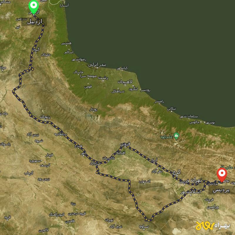 مسافت و فاصله پردیس - تهران تا اردبیل از ۲ مسیر - مهر ۱۴۰۳