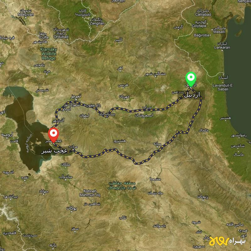 مسافت و فاصله عجب‌ شیر - آذربایجان شرقی تا اردبیل از 2 مسیر - مسیریاب بهراه