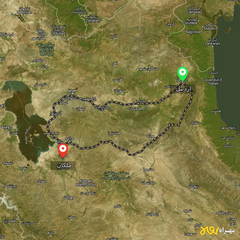 مسافت و فاصله ملکان - آذربایجان شرقی تا اردبیل از 2 مسیر - مسیریاب بهراه