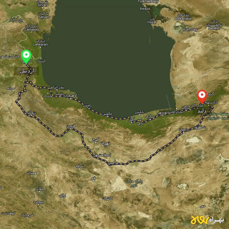 مسافت و فاصله دلند - گلستان تا اردبیل از ۲ مسیر - بهمن ۱۴۰۳