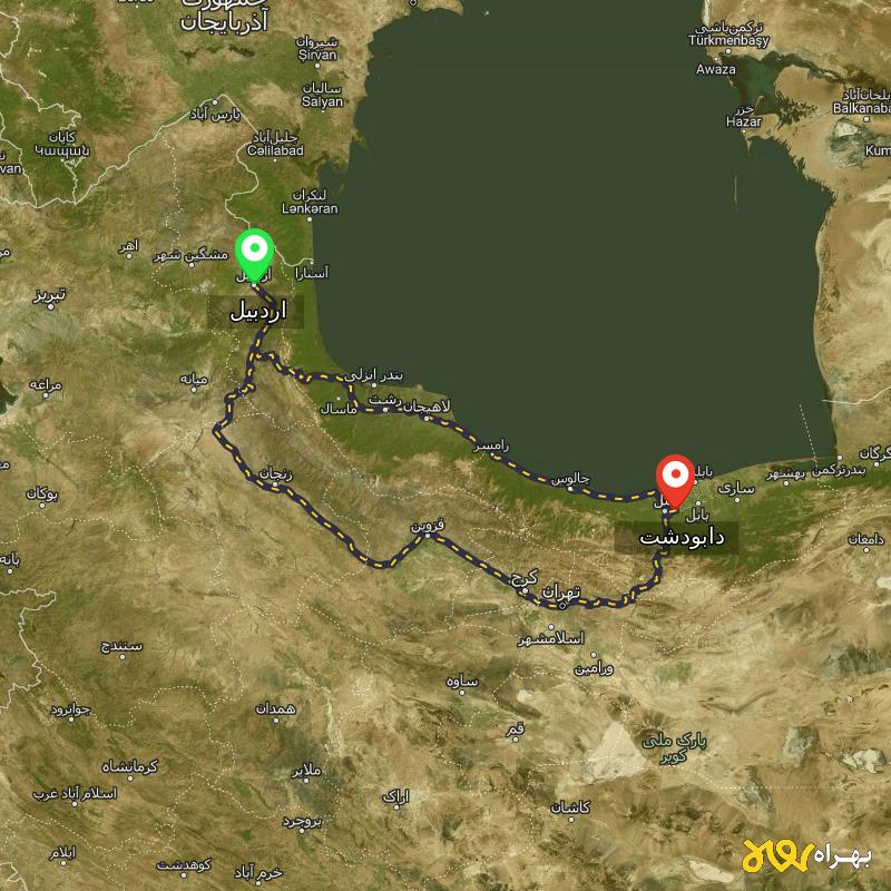 مسافت و فاصله دابودشت - مازندران تا اردبیل از ۲ مسیر - شهریور ۱۴۰۳