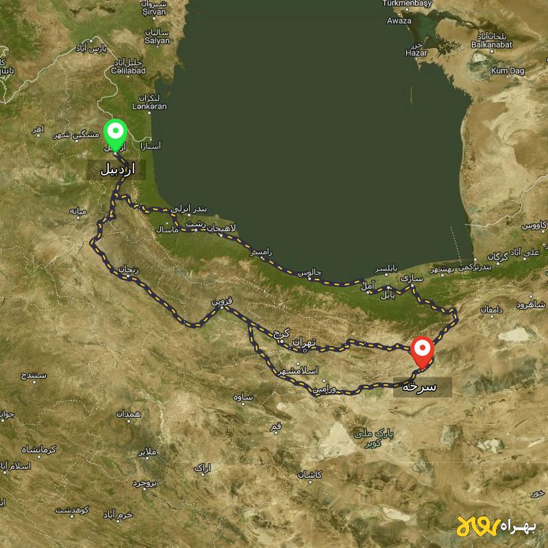 مسافت و فاصله سرخه - سمنان تا اردبیل از ۳ مسیر - مرداد ۱۴۰۳