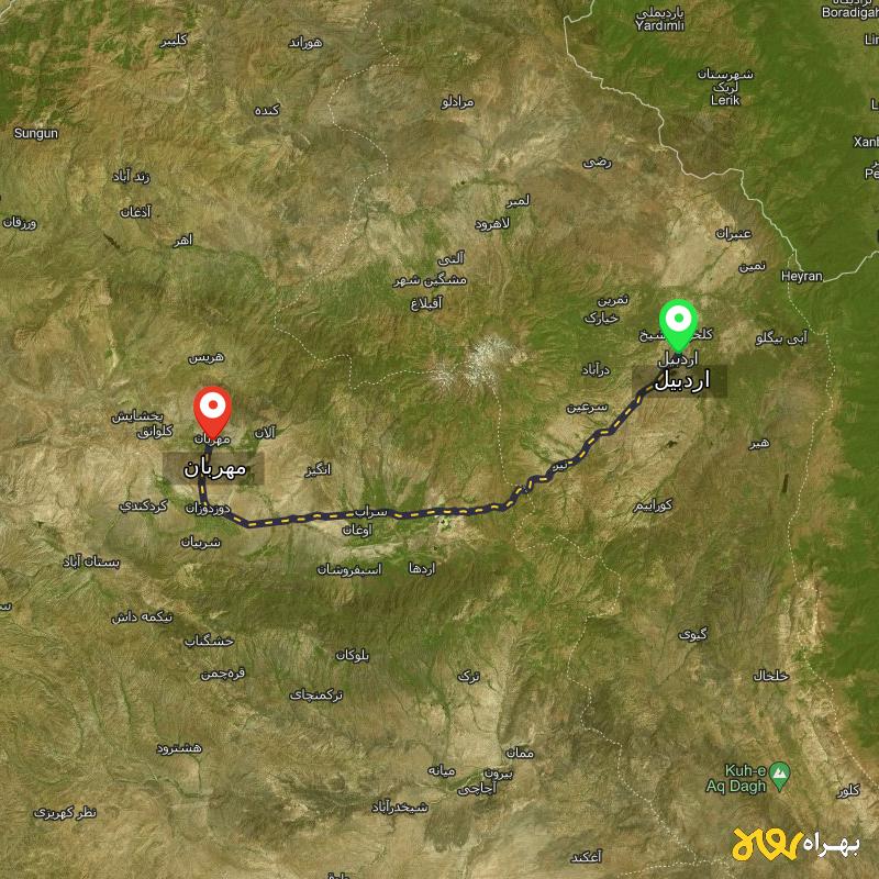 مسافت و فاصله مهربان - آذربایجان شرقی تا اردبیل - مهر ۱۴۰۳
