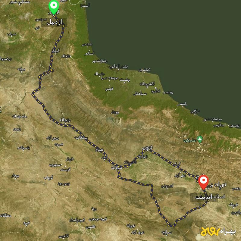 مسافت و فاصله اندیشه تا اردبیل از ۲ مسیر - بهمن ۱۴۰۳