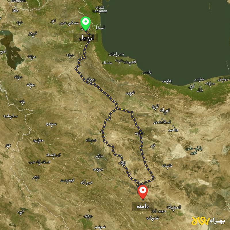 مسافت و فاصله دامنه - اصفهان تا اردبیل از ۲ مسیر - دی ۱۴۰۳