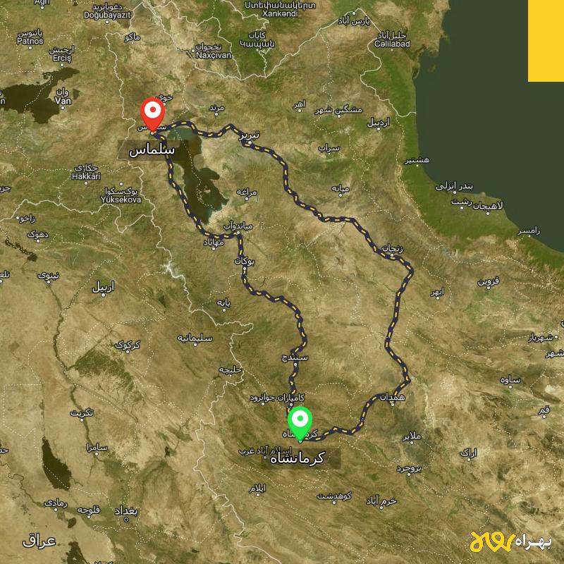 مسافت و فاصله سلماس - آذربایجان غربی تا کرمانشاه از ۲ مسیر - اردیبهشت ۱۴۰۳