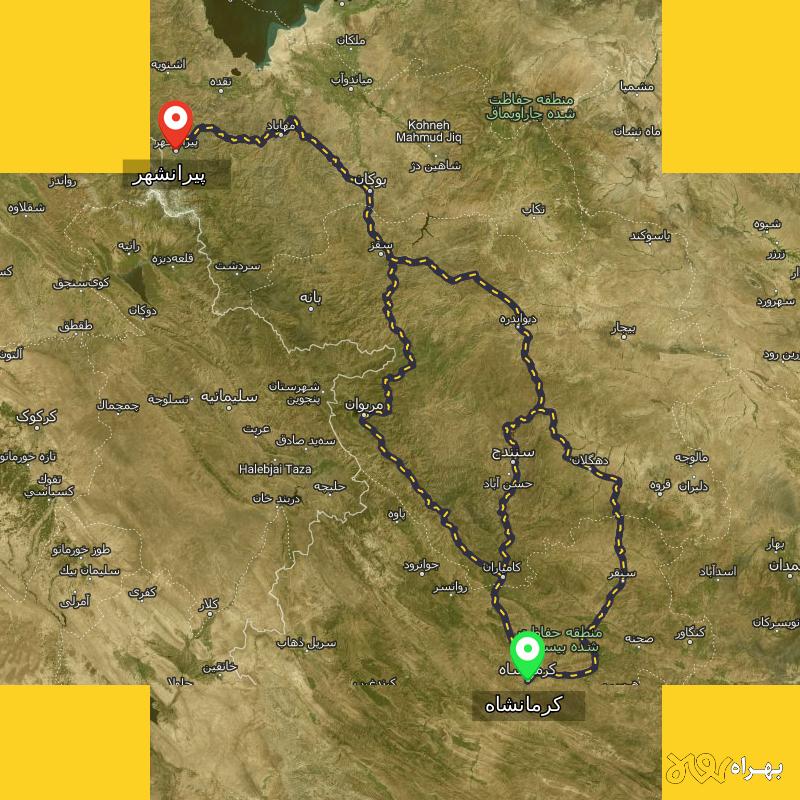 مسافت و فاصله پیرانشهر - آذربایجان غربی تا کرمانشاه از ۳ مسیر - اردیبهشت ۱۴۰۳