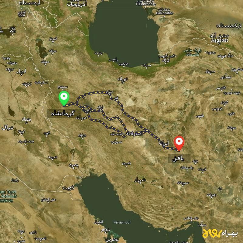 مسافت و فاصله بافق - یزد تا کرمانشاه از ۳ مسیر - اردیبهشت ۱۴۰۳