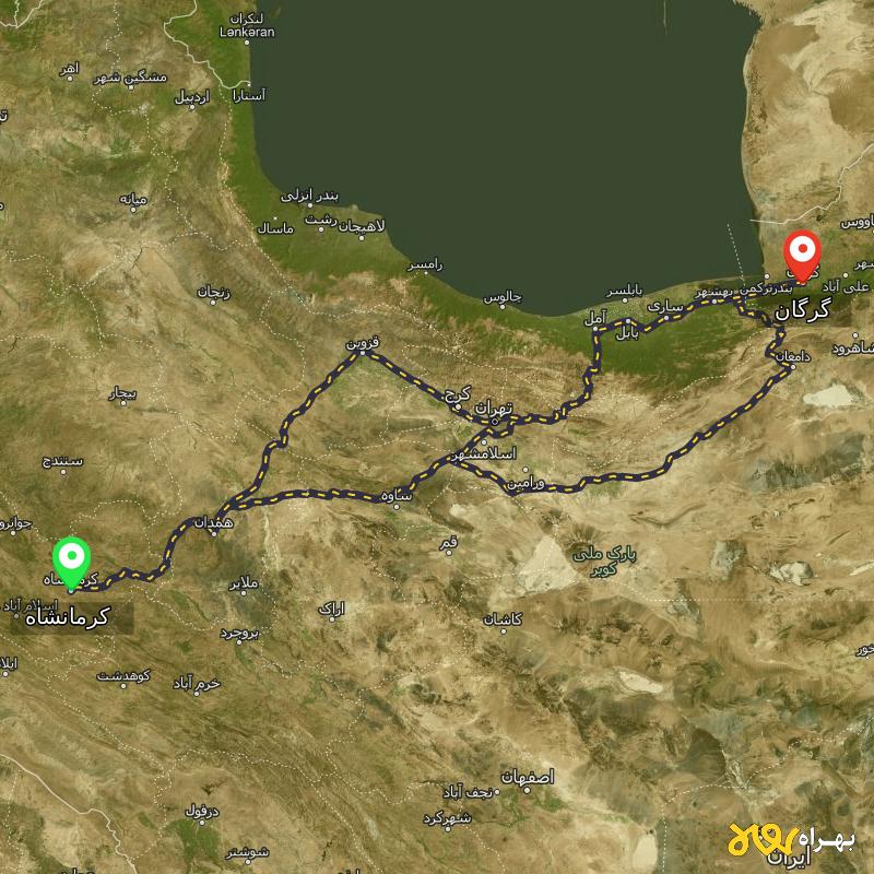 مسافت و فاصله گرگان تا کرمانشاه از ۳ مسیر - مرداد ۱۴۰۳