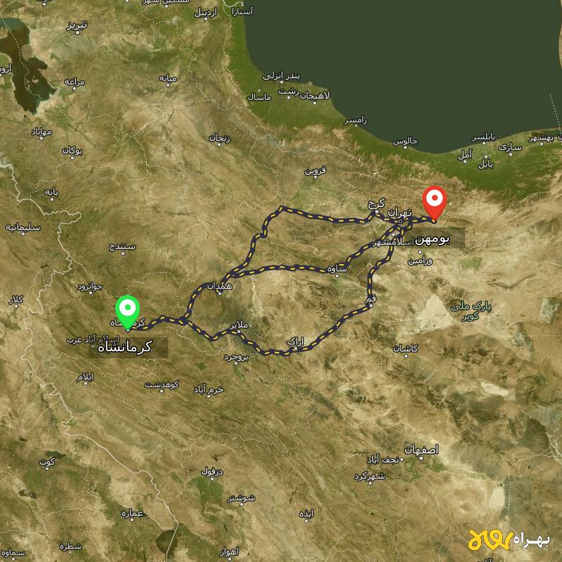 مسافت و فاصله بومهن - تهران تا کرمانشاه از ۳ مسیر - آبان ۱۴۰۳