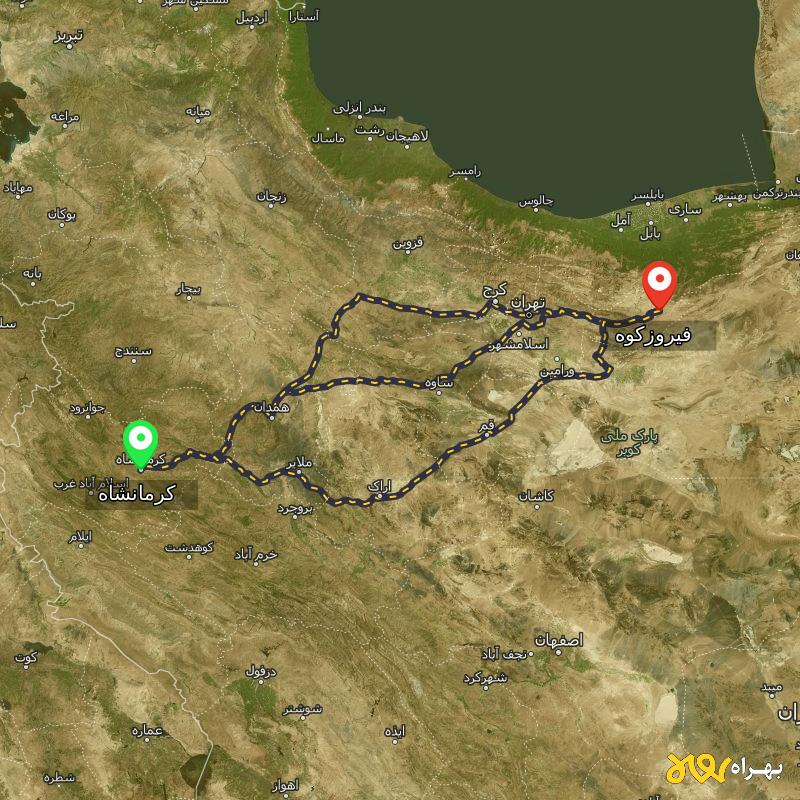 مسافت و فاصله فیروزکوه - تهران تا کرمانشاه از ۳ مسیر - مرداد ۱۴۰۳