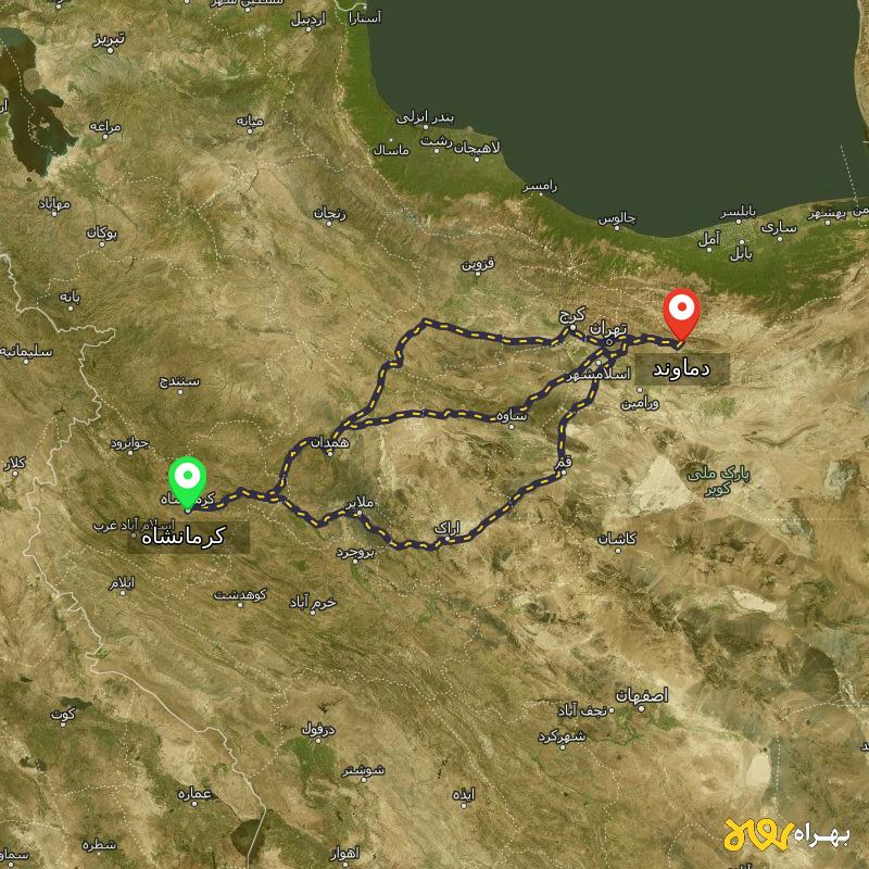مسافت و فاصله دماوند - تهران تا کرمانشاه از ۳ مسیر - بهمن ۱۴۰۳