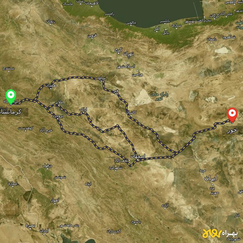 مسافت و فاصله خور - اصفهان تا کرمانشاه از ۳ مسیر - آذر ۱۴۰۳