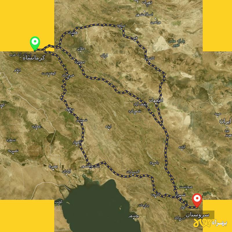 مسافت و فاصله سروستان - فارس تا کرمانشاه از ۳ مسیر - آذر ۱۴۰۳