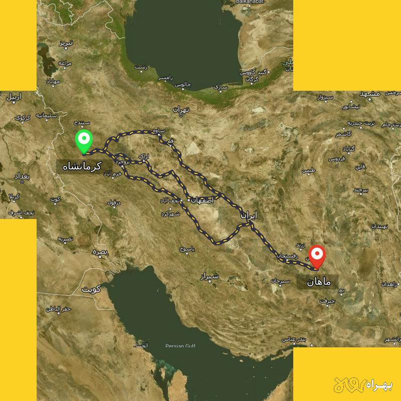 مسافت و فاصله ماهان - کرمان تا کرمانشاه از ۳ مسیر - آذر ۱۴۰۳