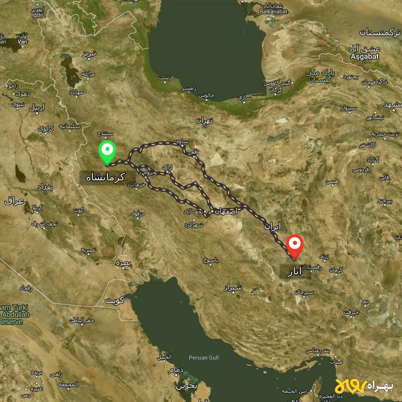 مسافت و فاصله انار - کرمان تا کرمانشاه از ۳ مسیر - آذر ۱۴۰۳