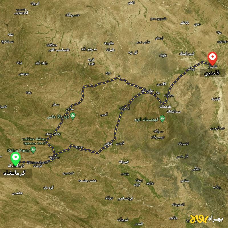 مسافت و فاصله فامنین - همدان تا کرمانشاه از ۲ مسیر - آبان ۱۴۰۳