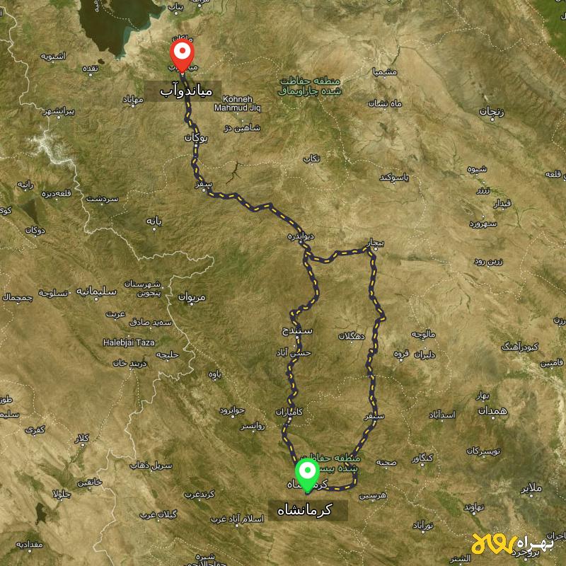 مسافت و فاصله میاندوآب - آذربایجان غربی تا کرمانشاه از 2 مسیر - مسیریاب بهراه