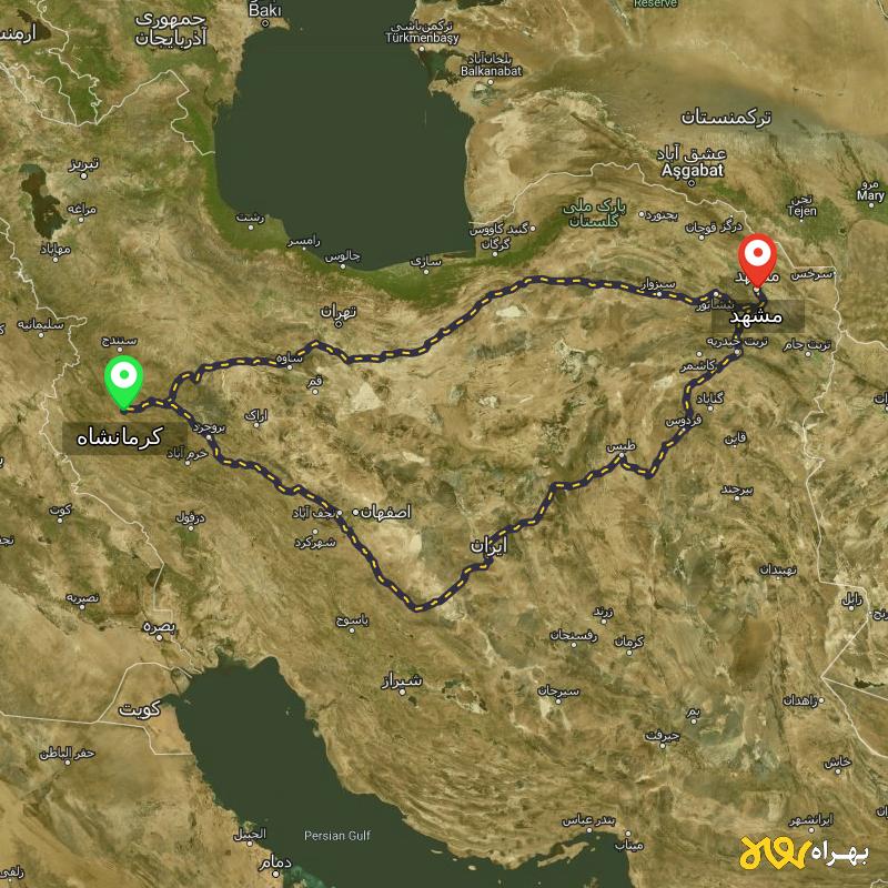 مسافت و فاصله مشهد تا کرمانشاه از ۲ مسیر - مرداد ۱۴۰۳