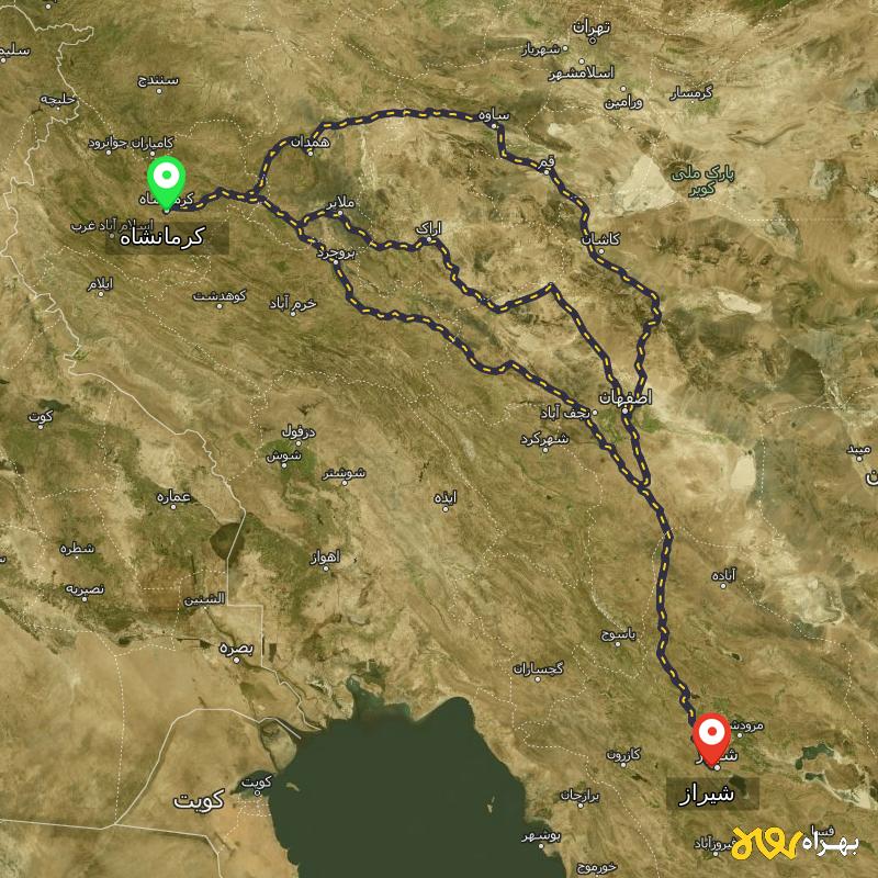 مسافت و فاصله شیراز تا کرمانشاه از ۳ مسیر - اردیبهشت ۱۴۰۳