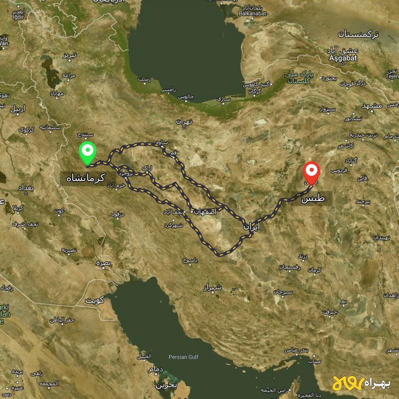 مسافت و فاصله طبس - خراسان جنوبی تا کرمانشاه از ۳ مسیر - آذر ۱۴۰۳