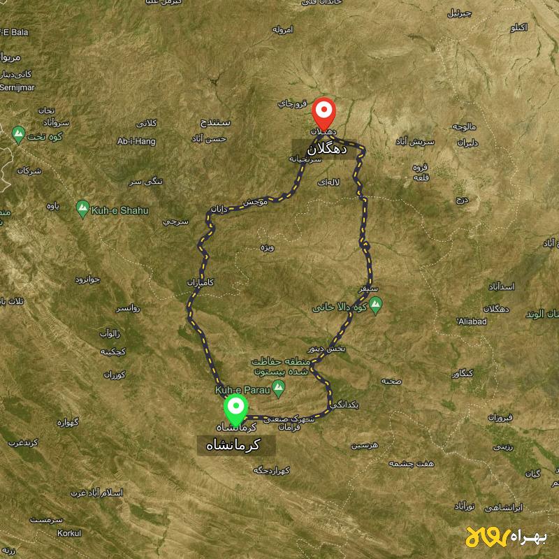 مسافت و فاصله دهگلان - کردستان تا کرمانشاه از 2 مسیر - مسیریاب بهراه