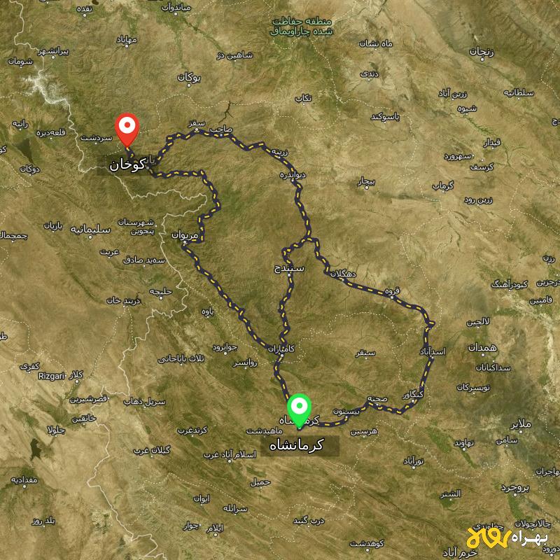 مسافت و فاصله کوخان - کردستان تا کرمانشاه از ۳ مسیر - مرداد ۱۴۰۳