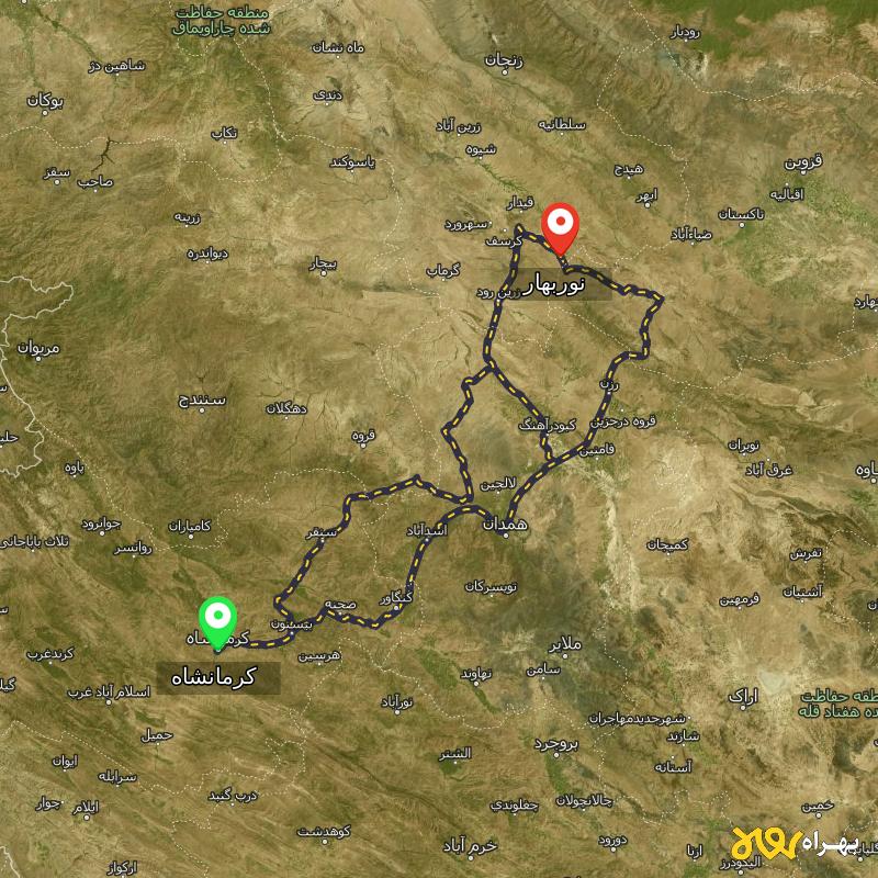 مسافت و فاصله نوربهار - زنجان تا کرمانشاه از ۳ مسیر - آبان ۱۴۰۳