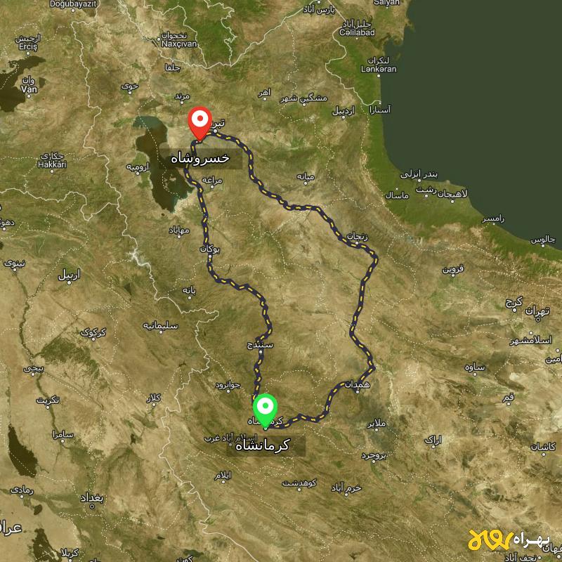 مسافت و فاصله خسروشاه - آذربایجان شرقی تا کرمانشاه از ۲ مسیر - دی ۱۴۰۳